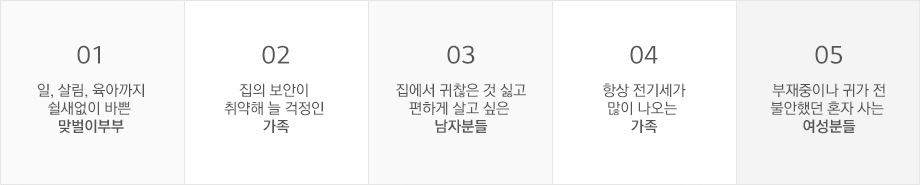 01. ÀÏ, »ì¸², À°¾Æ±îÁö½¯ »õ ¾øÀÌ ¹Ù»Û ¸Â¹úÀ̺κÎ
02. ÁýÀÇ º¸¾ÈÀÌ Ãë¾àÇØ ´Ã °ÆÁ¤ÀÎ °¡Á·
03. Áý¿¡¼ ±ÍÂúÀº °Í ½È°í ÆíÇÏ°Ô »ì°í ½ÍÀº ³²Àںеé
04. Ç×»ó Àü±â¼¼°¡ ¸¹ÀÌ ³ª¿À´Â °¡Á·
05. ºÎÀçÁßÀ̳ª ±Í°¡ Àü ºÒ¾ÈÇß´ø È¥ÀÚ »ç´Â ¿©¼ººÐµé