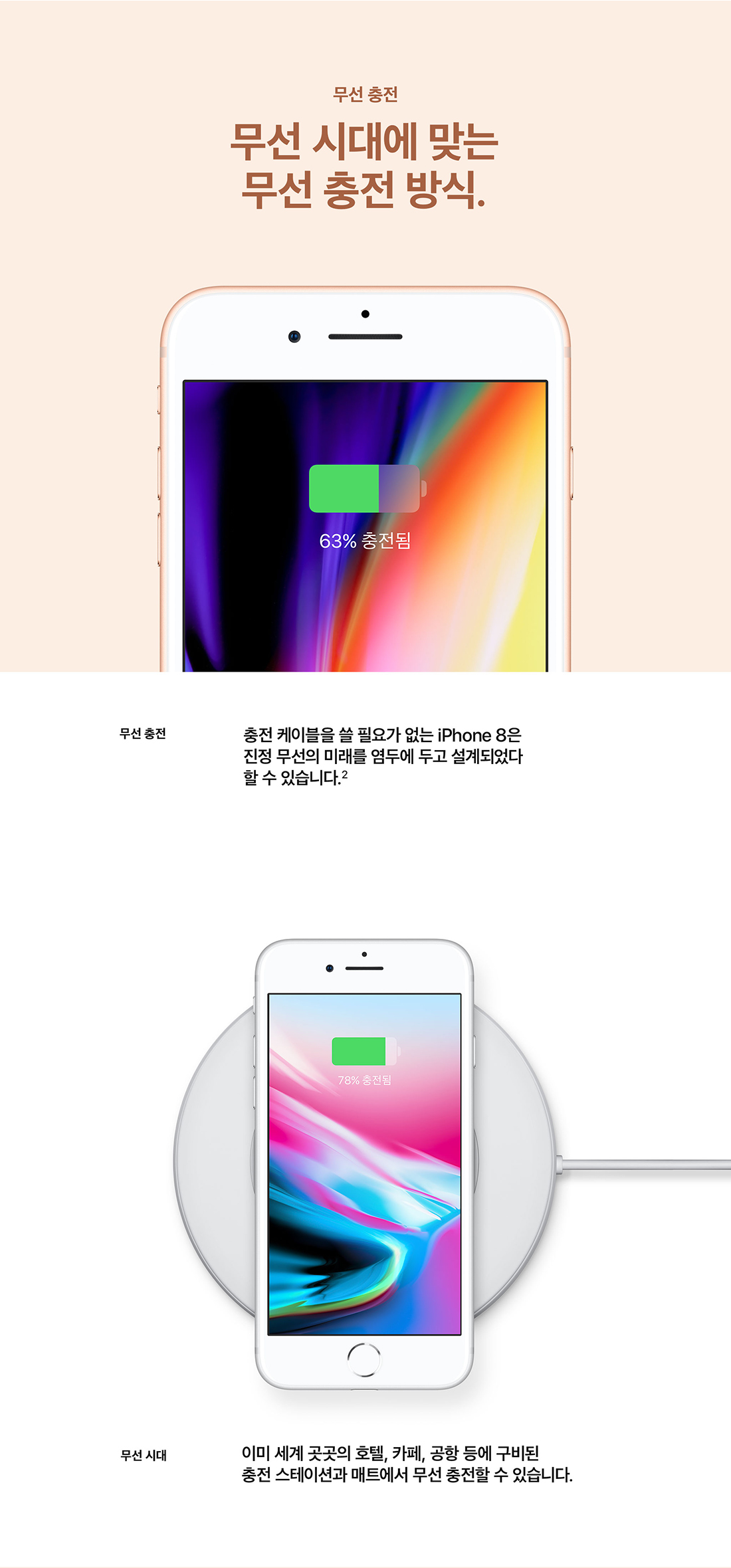 iPhone 8. 재색겸비. iPhone 8은 새로움으로 가득합니다. 무선 충전 (자세한 내용은 하단 문구 참조)