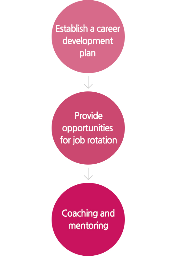 1. Establish a career development plan, 2. Provide opportunities for job rotation, 3. Coaching and mentoring
